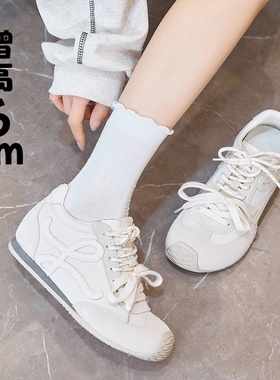 真皮内增高超火德训鞋女美式坡跟系带拼色休闲阿甘鞋小码32 33 34