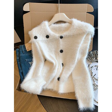 韩系大翻领水貂毛慵懒风毛衣外套女秋冬新款气质宽松软糯针织开衫