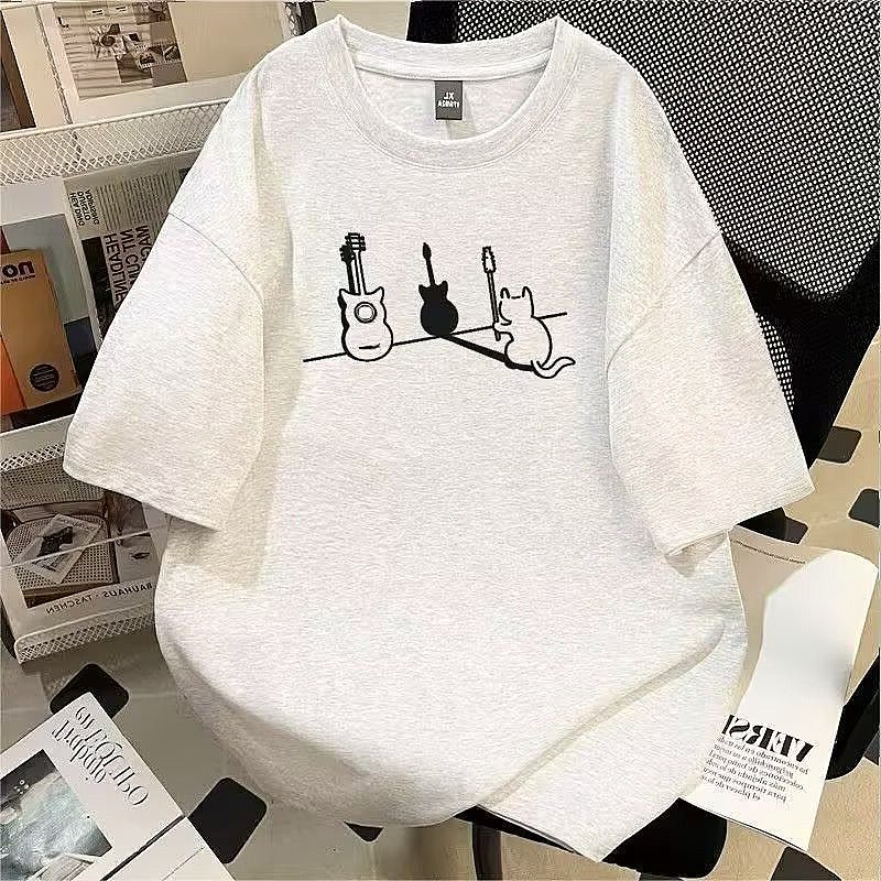 潮牌美式吉他猫咪短袖T恤男女2026夏季休闲宽松五分袖情侣上衣ins