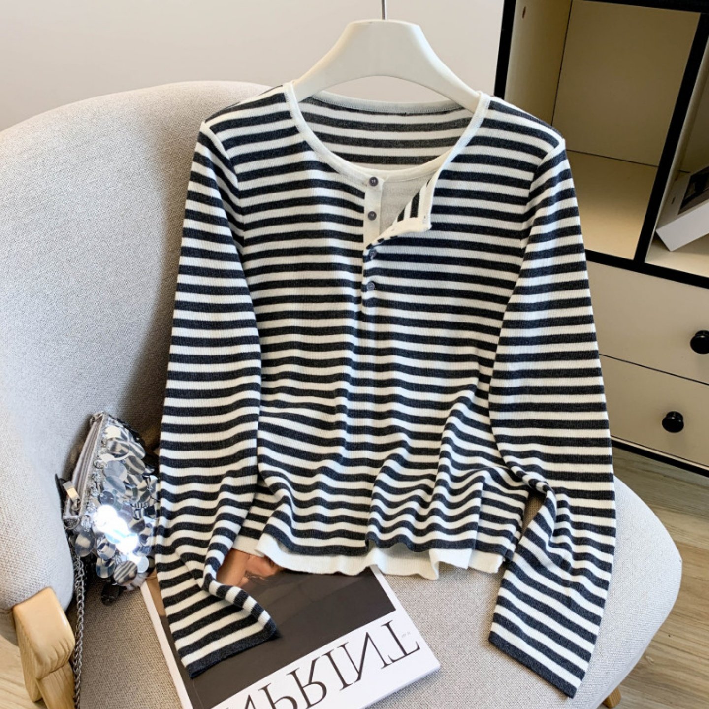 韩系假两件条纹圆领长袖针织衫女2026春季新款百搭显瘦高品质上衣,女装/女士精品,毛针织衫,淘宝优惠券,粉丝福利购,淘宝优惠卷