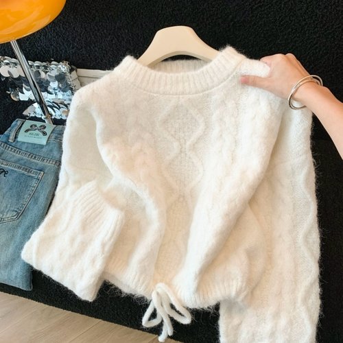 慵懒宽松软糯短款绑带毛衣女秋冬
