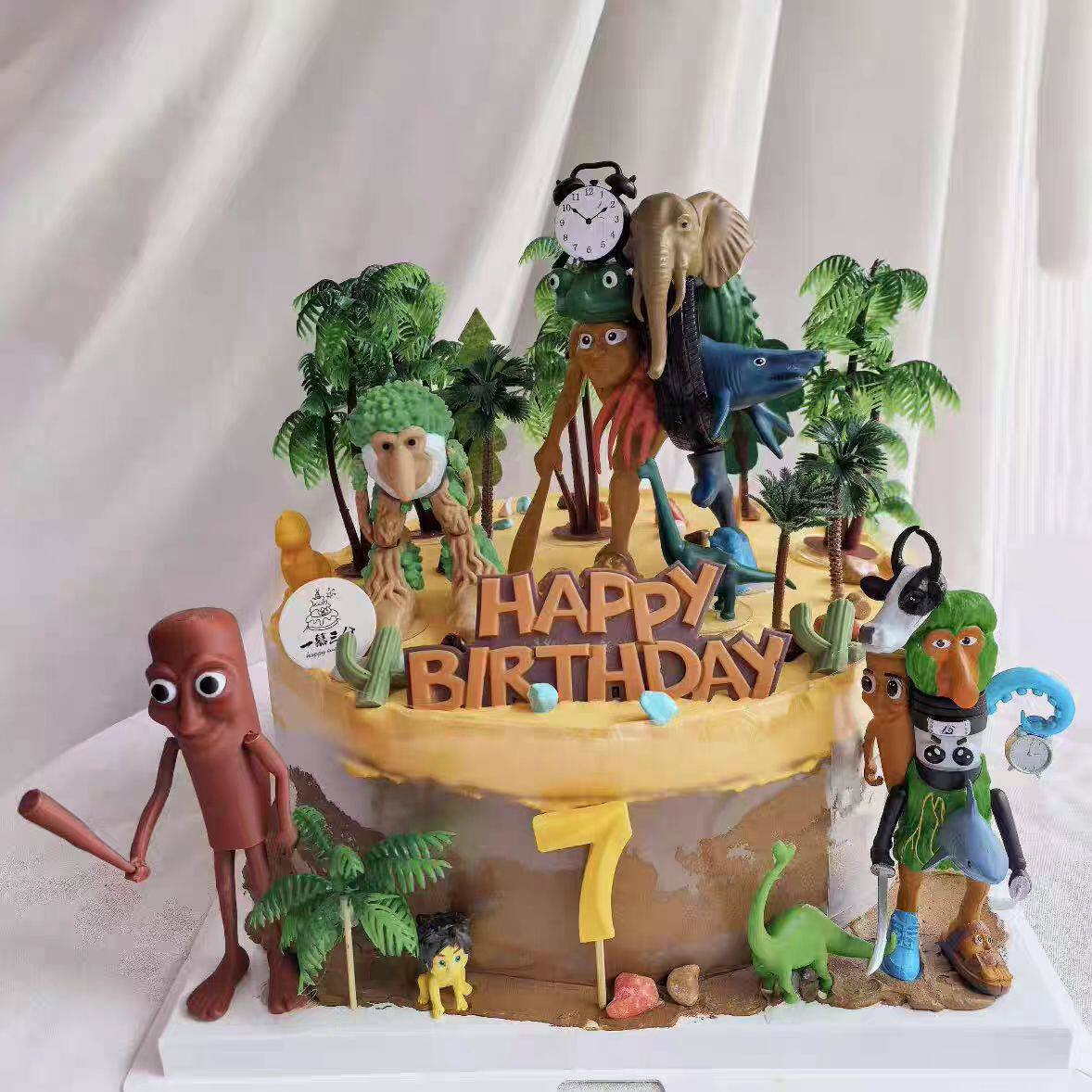 网红卡通木头人山海经蛋糕装饰摆件融合兽木棍人椰子树生日插件