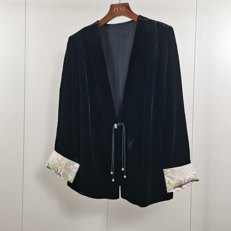 春季复古新中式桑蚕丝绒外套V领显瘦轻奢一粒扣长袖气质真丝上衣,女装/女士精品,真丝上装,淘宝优惠券,粉丝福利购,淘宝优惠卷