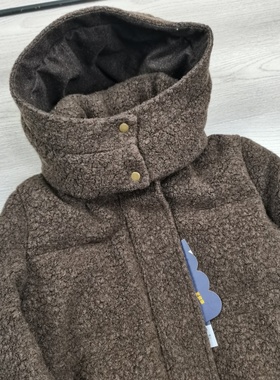 冬季新款he系羊毛泰迪绒鹅绒服女可脱卸帽长袖保暖收腰羽绒外套