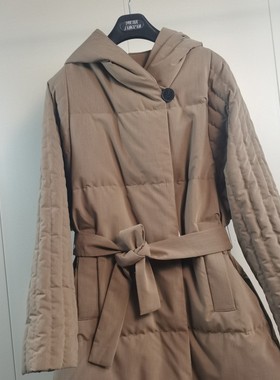 he家2025冬季新款连帽中长款鹅绒服气质显瘦系带保暖长袖羽绒外套