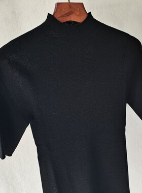 JI简百搭TH无缝一体半高领羊毛中袖上衣修身显瘦坑条纯色女针织衫