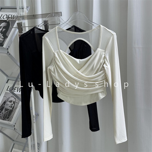 入秋甄选 网纱拼接薄款瑜伽服女速干带胸垫普拉提上衣紧身长袖