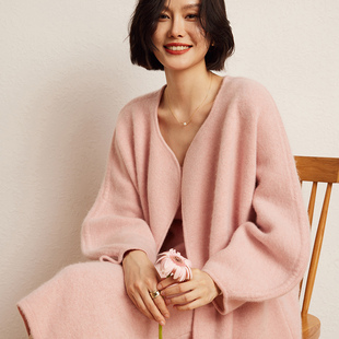 羊范秋冬款山羊绒V领无扣开衫女中长款外套高端气质带兜气质大衣