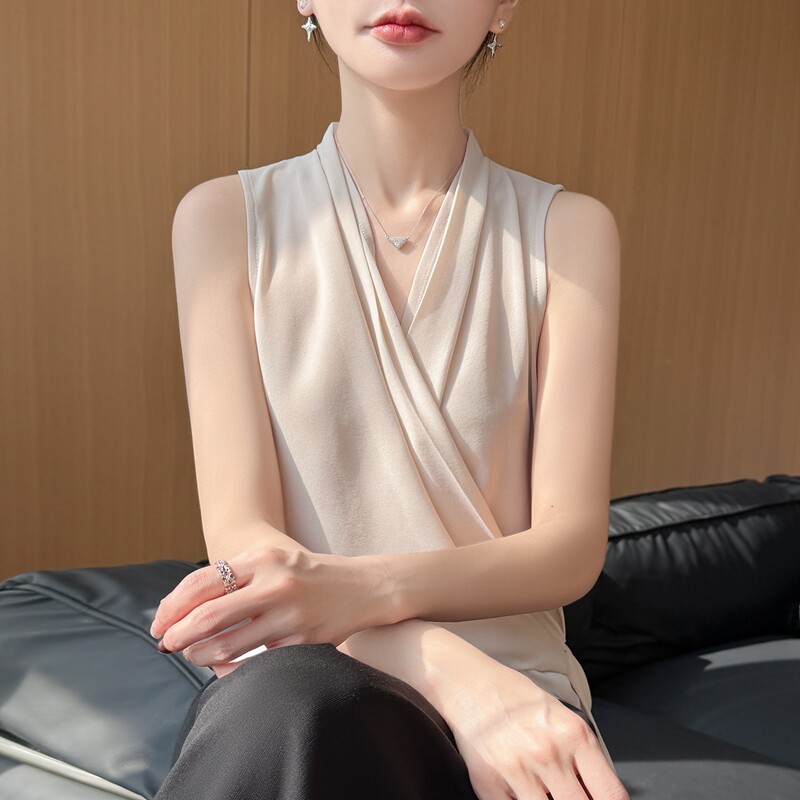 羊范夏季法式轻熟风乔其纱交叉V领无袖吊带背心女士百搭显瘦外穿