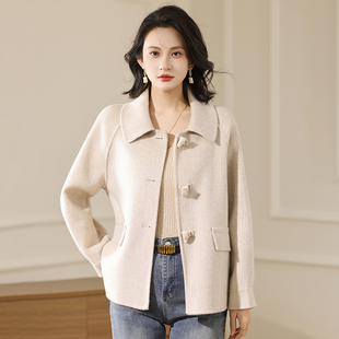 2025秋冬新款双面羊绒大衣女娃娃领100%羊毛插肩袖短款牛角扣外套