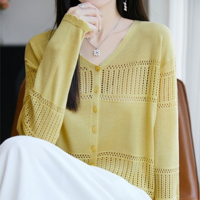 高级感镂空钩花V领针织开衫女