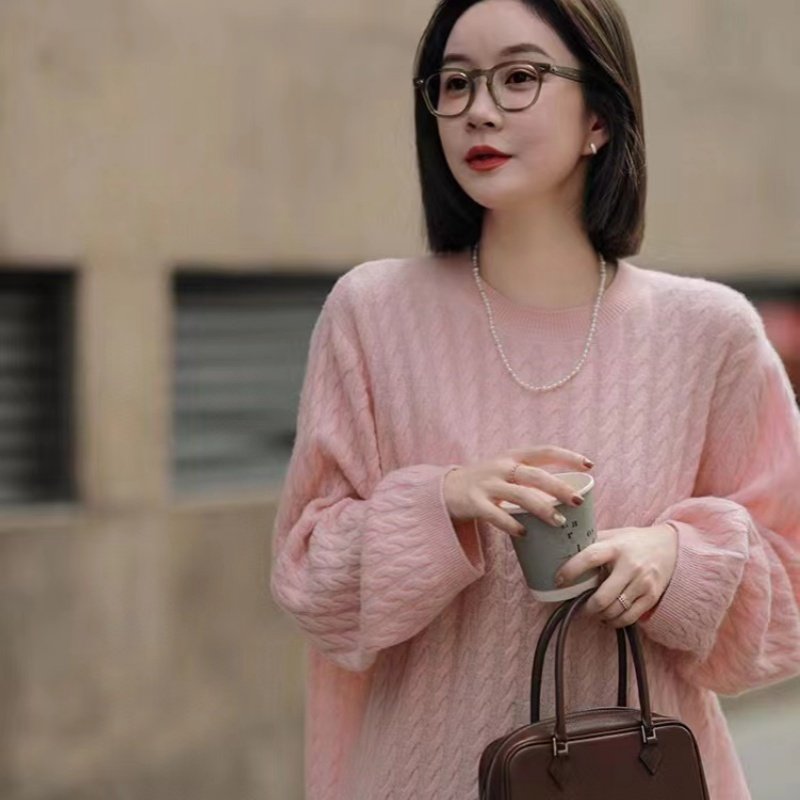 羊范秋冬新款编织麻花套头针织衫女100%羊毛圆领宽松打底毛衣长袖