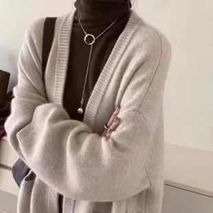 羊范加厚纯羊毛开衫女宽松慵懒风针织毛衣高端带兜外套外穿羊毛衫