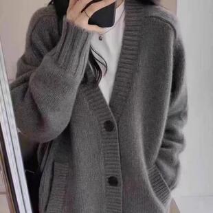 羊范秋冬100%纯羊毛开衫女宽松V领中长款外套五针加厚慵懒风毛衣