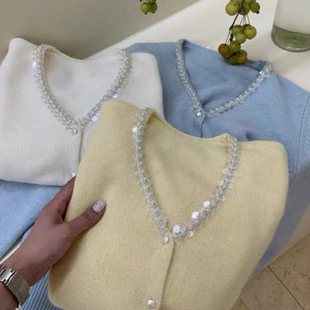 羊范春秋新款100%羊毛针织开衫女V领手工亮片上衣减龄小香风外套