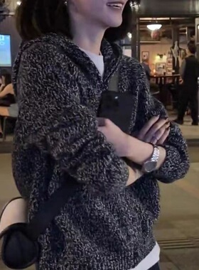 羊范高级感夹花灰色连帽针织衫女100%纯羊毛宽松显瘦百搭外套长袖