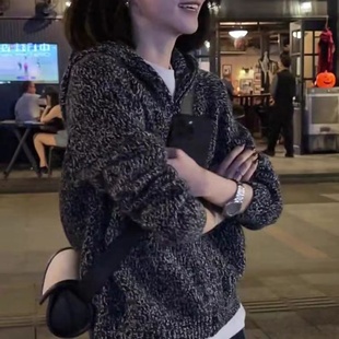 羊范高级感夹花灰色连帽针织衫女100%纯羊毛宽松显瘦百搭外套长袖