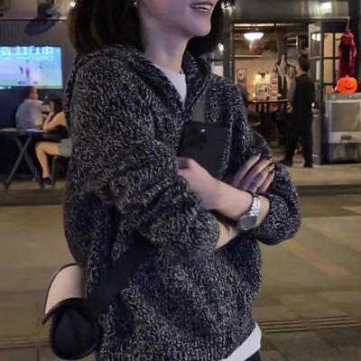 羊范羊毛拉链连帽纯色针织开衫