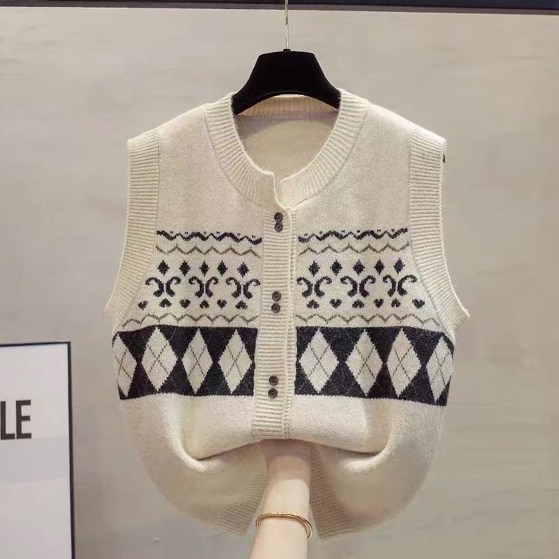 设计感复古提花菱形羊毛开衫马甲