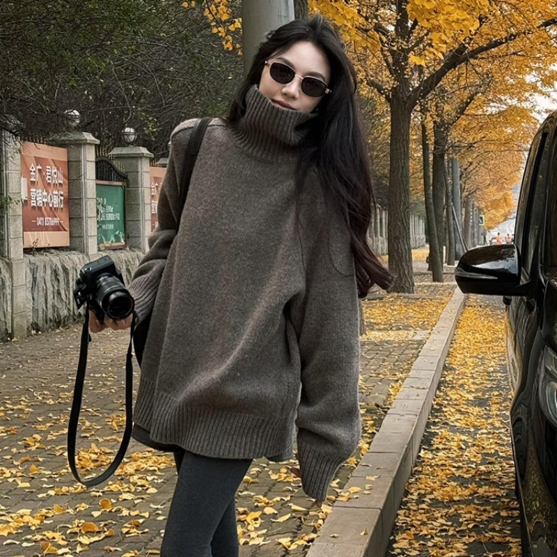 高领套头针织衫马鞍肩简约上衣女