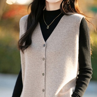 羊范2025春秋新款100%纯羊毛马甲女V领宽松显瘦开衫无袖百搭坎肩