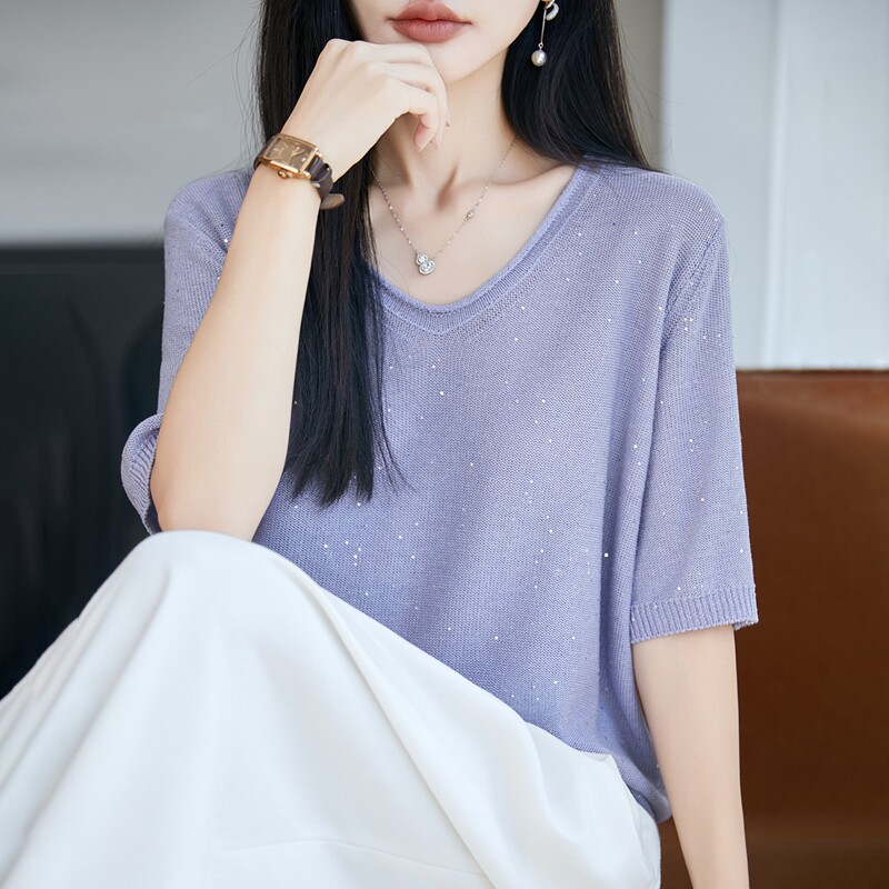 羊范夏季新款满天星亮片珍珠麻卷边V领短袖女士薄款洋气针织上衣