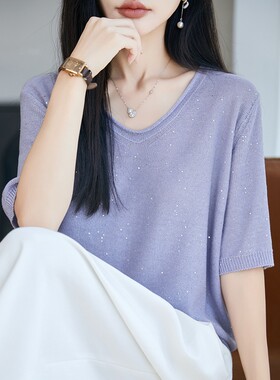 珍珠麻卷边V领短袖女士薄款洋气