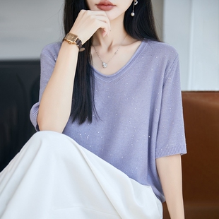 羊范夏季新款满天星亮片珍珠麻卷边V领短袖女士薄款洋气针织上衣