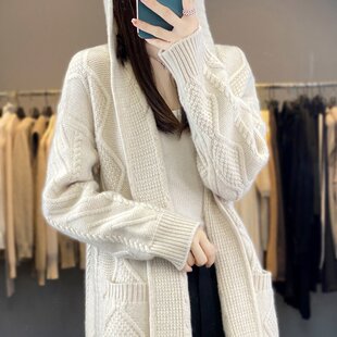 羊范连帽100%纯羊毛开衫女纯色宽松提花加厚外套中长款慵懒风上衣