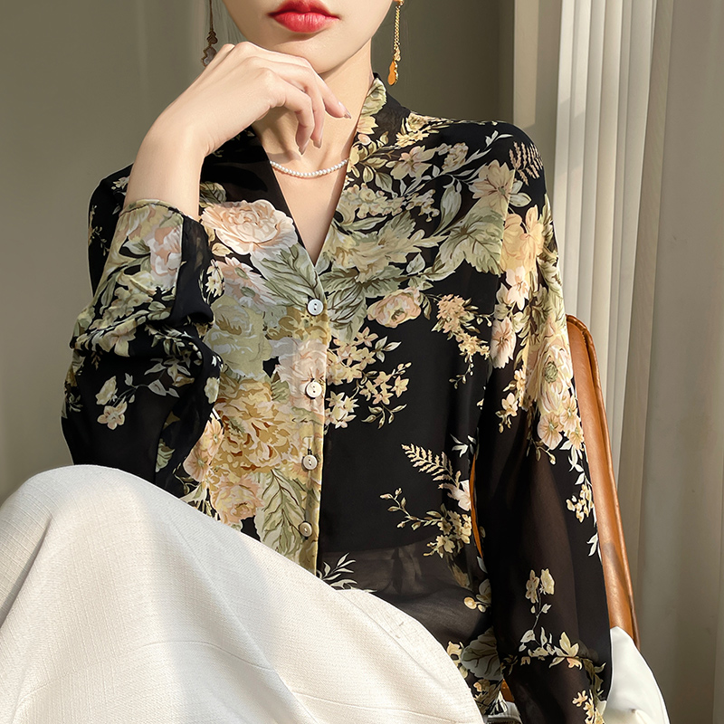 薄款印花微透单排扣长袖防晒衫