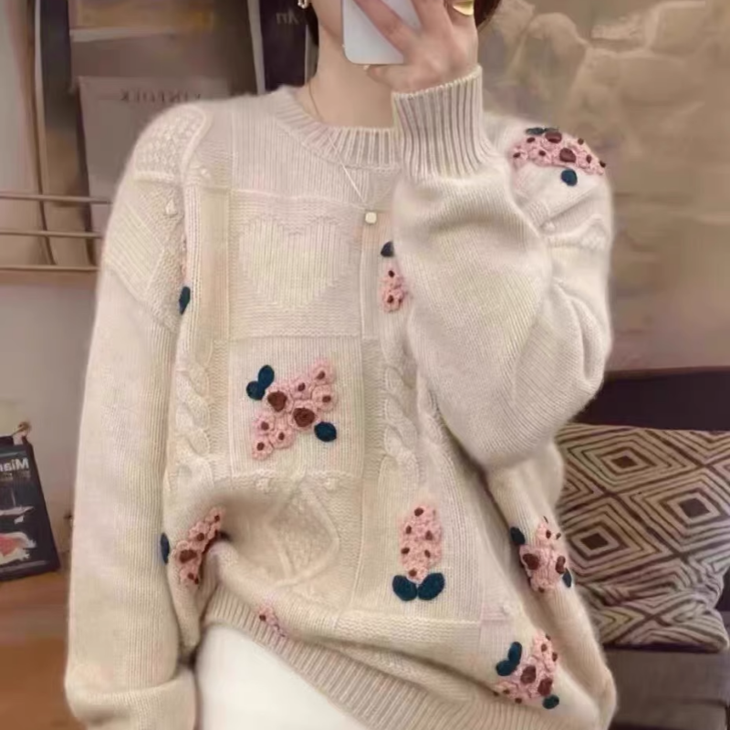 羊范超美绣花高端山羊绒打底衫女圆领手工绣花针织衫双股加厚打底,女装/女士精品,羊绒衫,淘宝优惠券,粉丝福利购,淘宝优惠卷