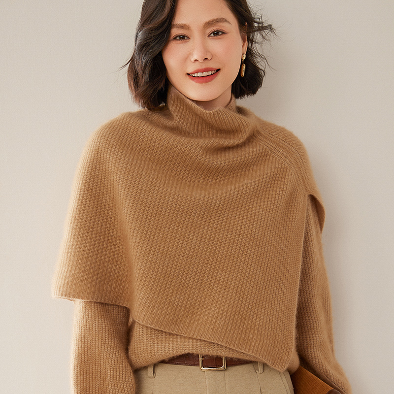 2025秋冬新款山羊绒针织披肩女士高领斗篷披肩纯色宽松慵懒风