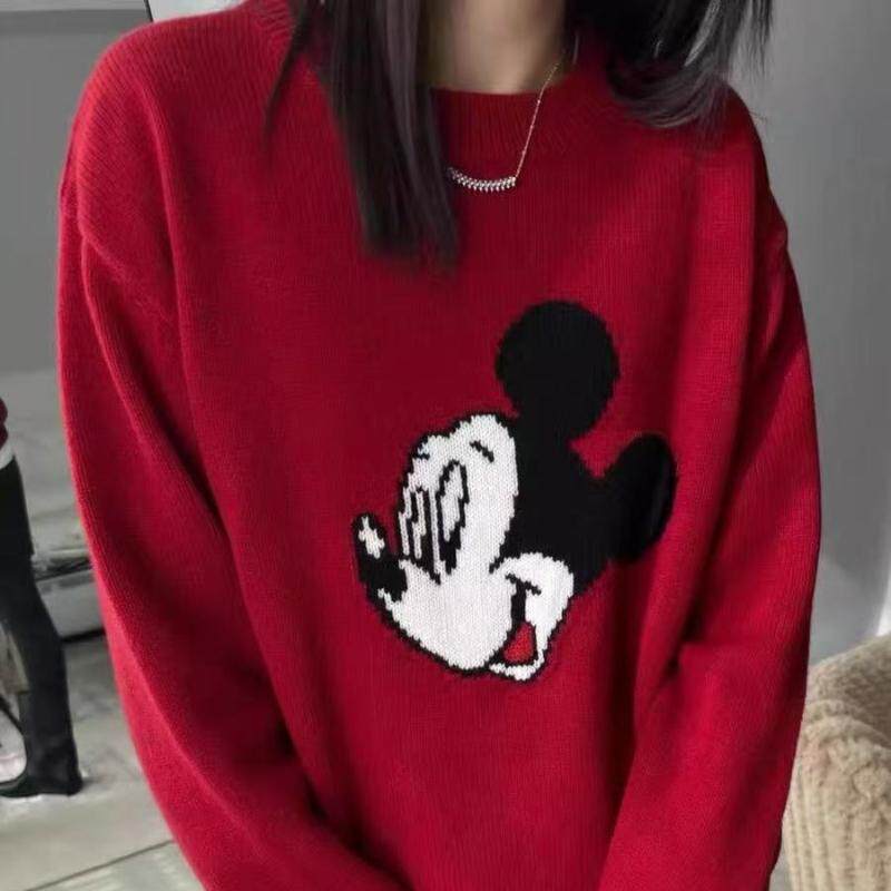 羊范秋冬100%纯羊毛衫女卡通米奇7针提花毛衣圆领宽松减龄针织衫