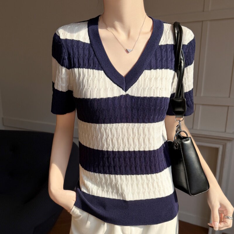 羊范夏季新款麻花V领天丝撞色复古条纹宽松百搭短袖T恤女洋气上衣