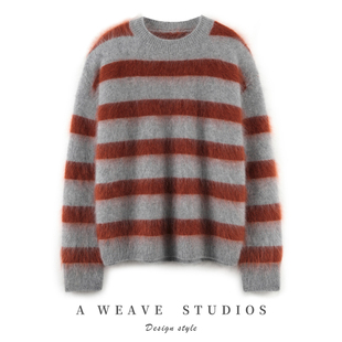 拉绒系列~秋冬款100纯山羊绒针织衫女圆领撞色条纹慵懒风毛衣