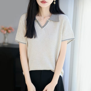 羊范韩系天丝亚麻撞色POLO领针织衫短袖女夏薄款显瘦休闲条纹T恤