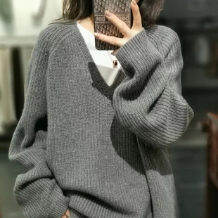 羊范慵懒风双股加厚针织衫女V领宽松纯羊毛衫元宝针套头打底衫女