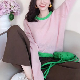 羊范温柔风粉色内搭针织衫 女圆领撞色纯羊毛套头毛衣韩系软糯打底