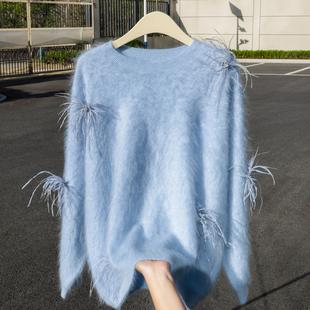 重工钉珠羽毛设计感100%山羊绒拉绒针织毛衣女士圆领套头长袖上衣