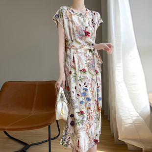 羊范醋酸缎面圆领印花连衣裙女薄款夏季新款宽松收腰系带无袖长裙