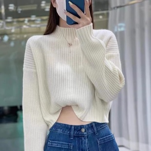 羊范100%纯羊毛衫2025新款半高领落肩元宝针套头高腰超短款毛衣女