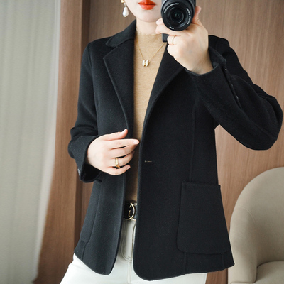 双面100羊毛修身大衣女西装短款