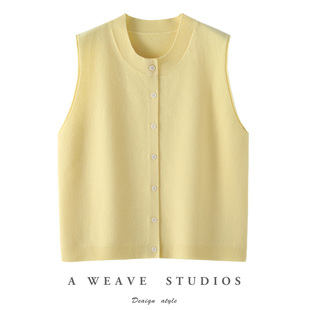 开衫 圆领100%纯羊毛针织马甲女纯色简约百搭显瘦无袖 新款 羊范春季