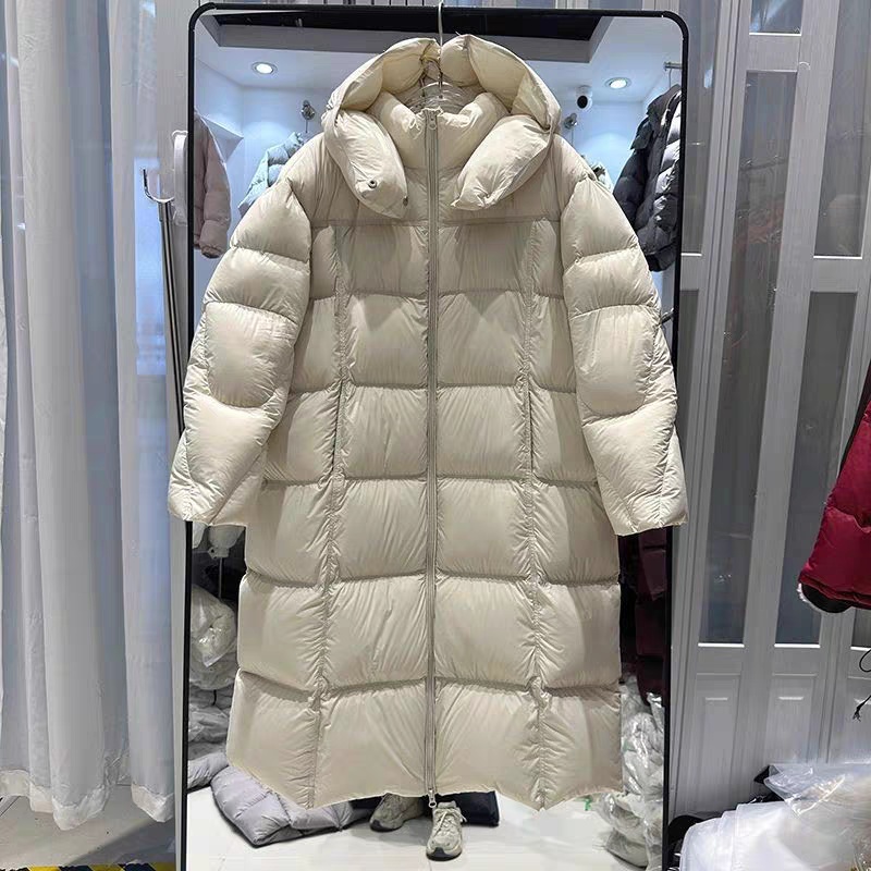 连帽双拉链羽绒服纯色中长款过膝