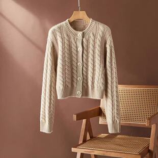 羊范重工加厚100羊毛圆领针织开衫女士2025短款洋气软糯长袖毛衣