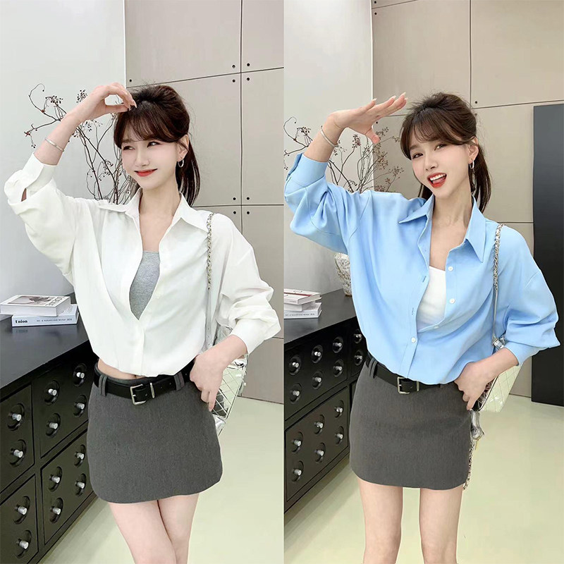 卡卡简约大方叠穿感假两件衬衫女
