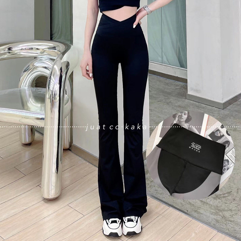 卡卡微喇加绒鲨鱼交叉腰微喇裤女