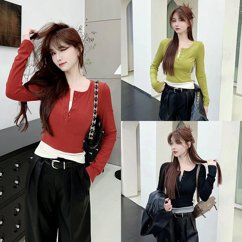 卡卡显瘦T恤假两件修身撞色上衣