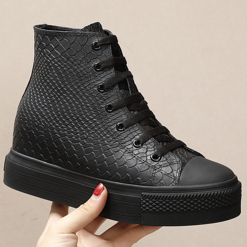 欧货新品真皮厚底松糕鞋坡跟蛇纹8cm内增高女鞋加绒高帮休闲鞋潮