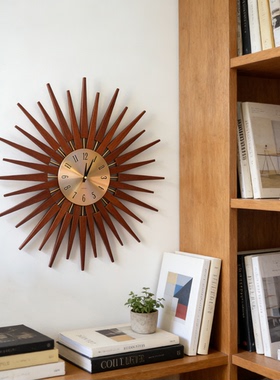旭日钟实木简约样板房客厅挂钟 Wooden Sunburst Clock时尚墙饰钟